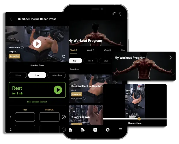 Screenshots of a fitness app, featuring workout videos and progress tracking.