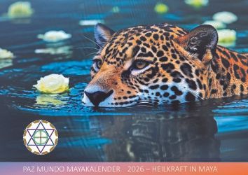 Engelsgestalt mit wallendem Haar, Taube und geometrischem Symbol, beschriftet mit „Paz Mundo Mayakalender 2025“.