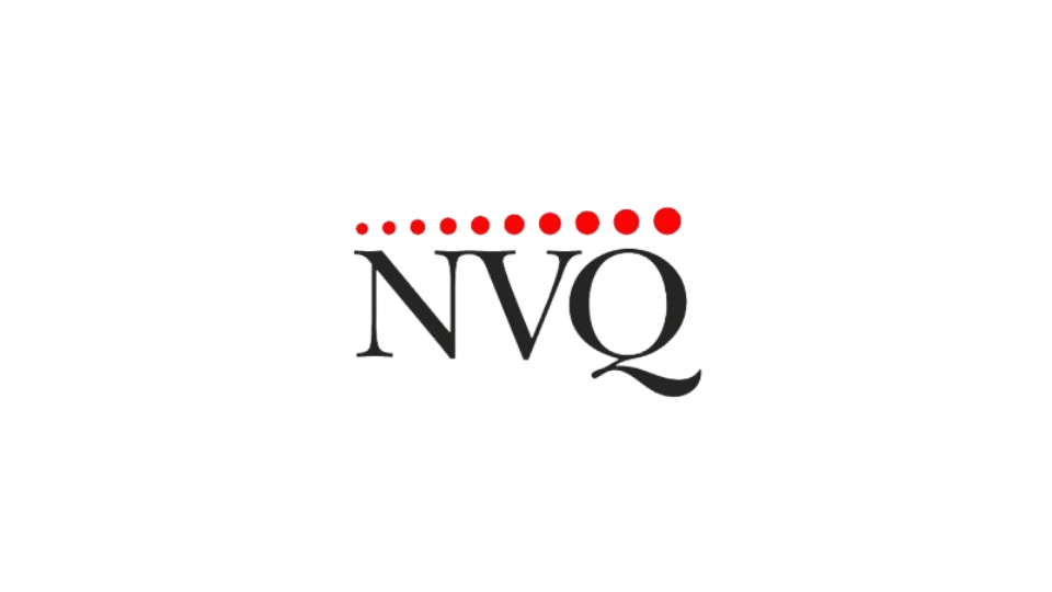 NVQ logo in black serif letters with a row of red dots above it on a white background
