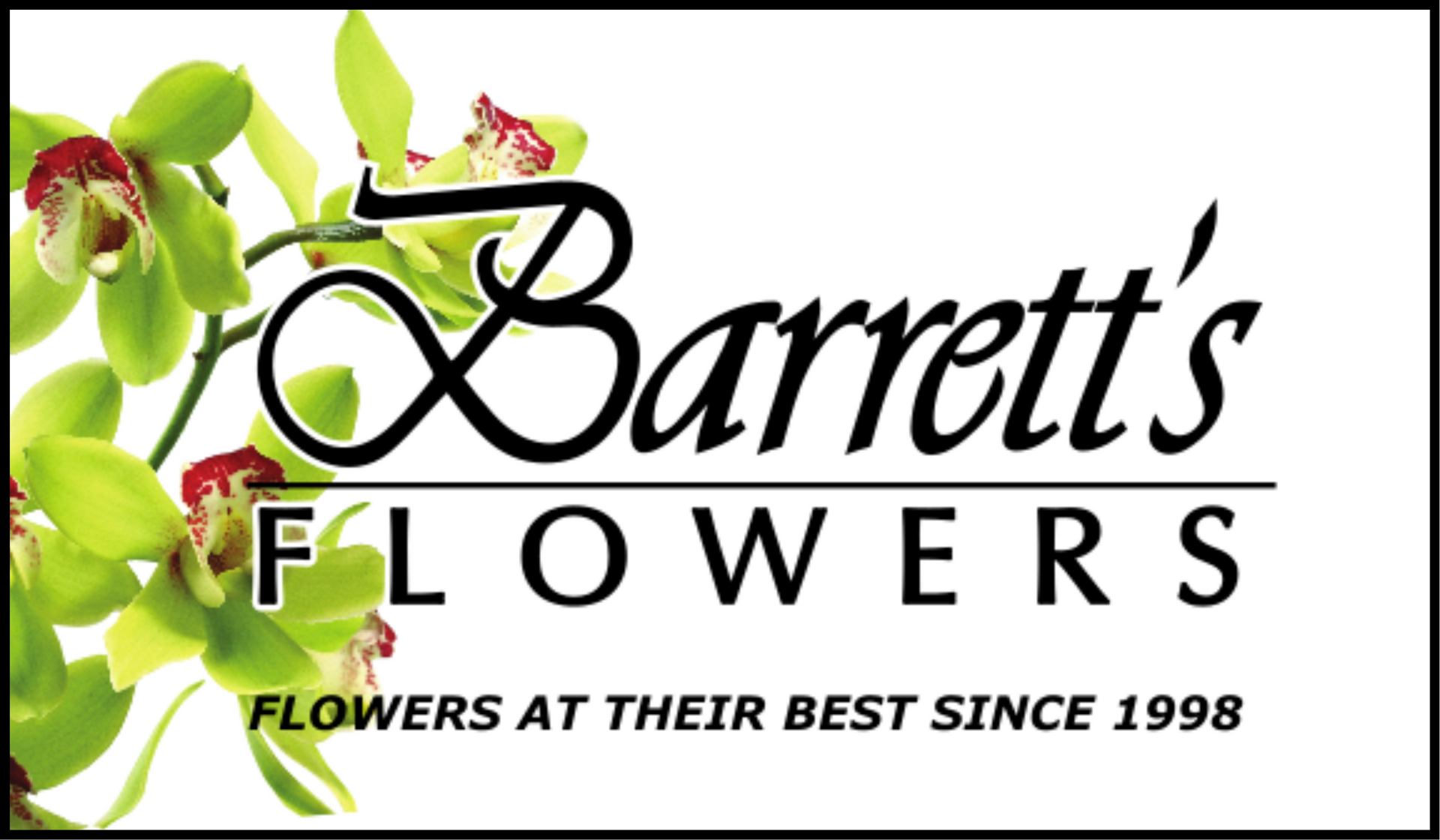 Barrett's Flowers logo with green orchids and black text: