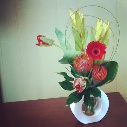 Floral arrangement in white vase: red gerbera daisy, proteas, tulip, and greenery.