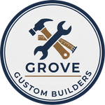 Logo for Grove Custom Builders: tools (wrench, hammer, ruler) with company name and border.