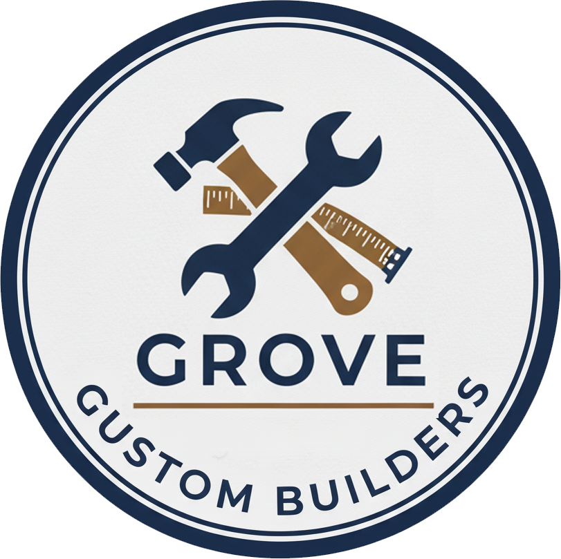 Logo for Grove Custom Builders: tools (wrench, hammer, ruler) with company name and border.