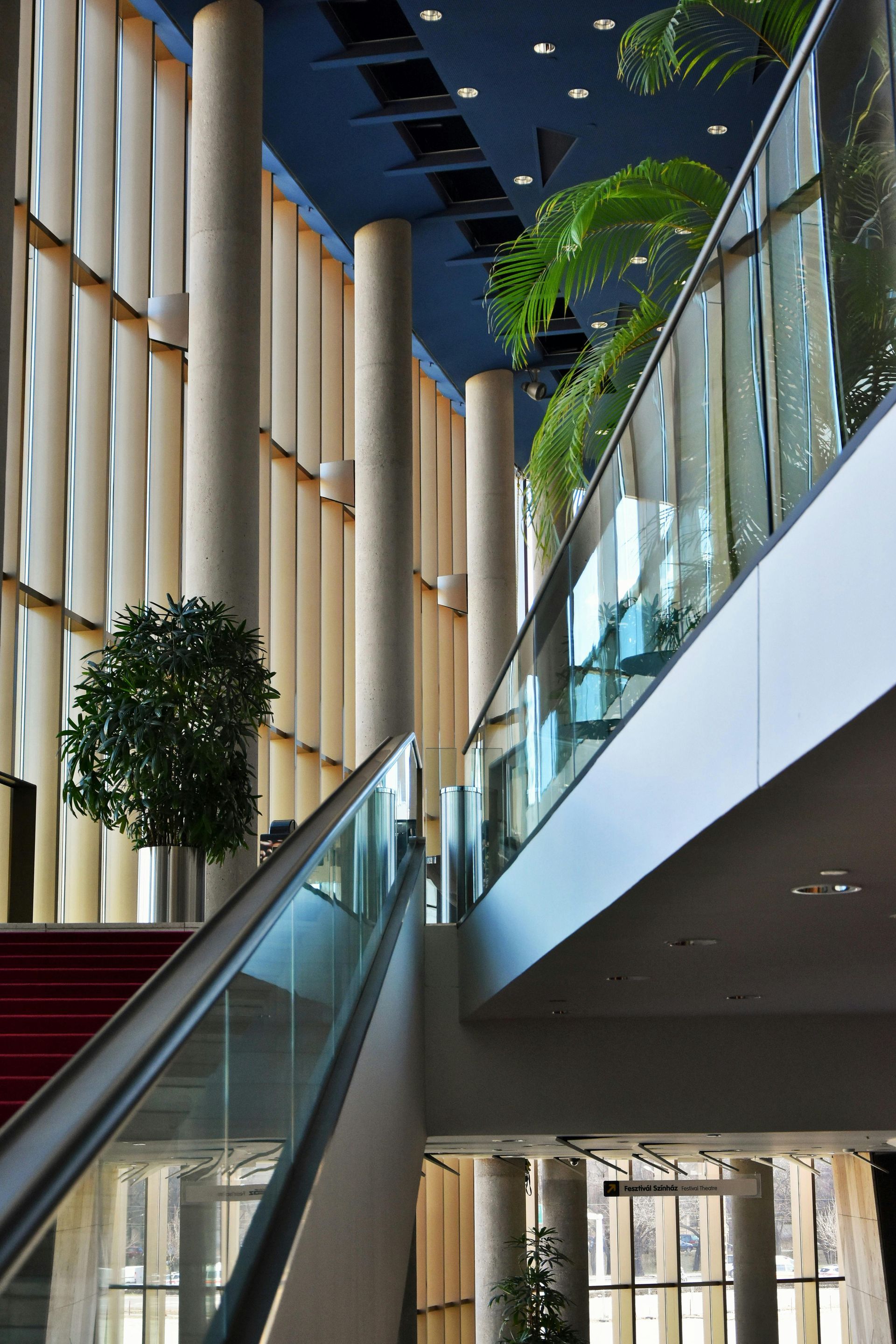 Modern interior with escalators, pillars, and a green plant. Blue ceiling and wavy wall.
