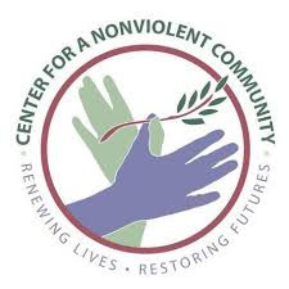 Circle logo with hands holding a peace branch: 