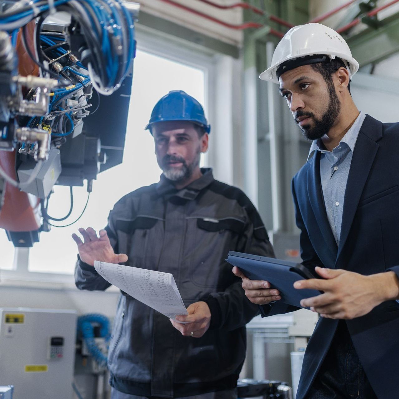 Two men in a factory examining blueprints and a tablet near machinery; one wears a suit, and the other a work uniform.