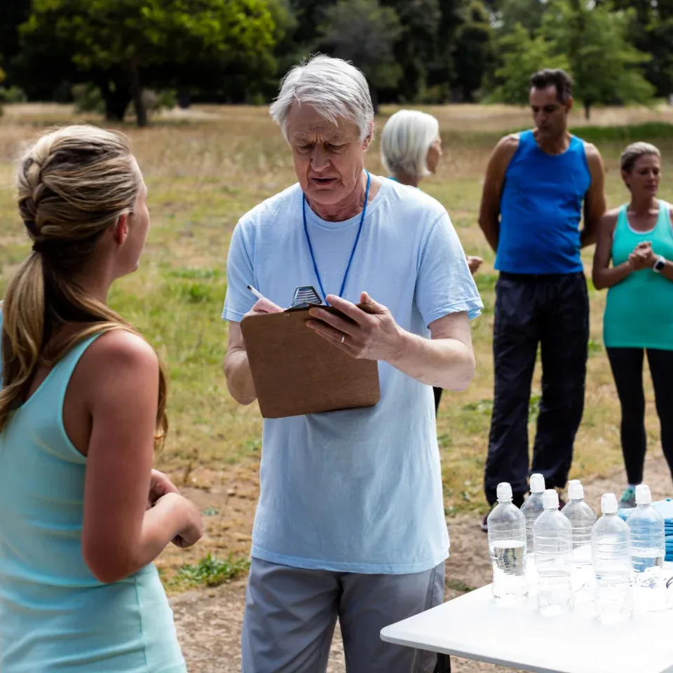 A coach with clipboard talks to a runner; other runners and water bottles are nearby in a park.