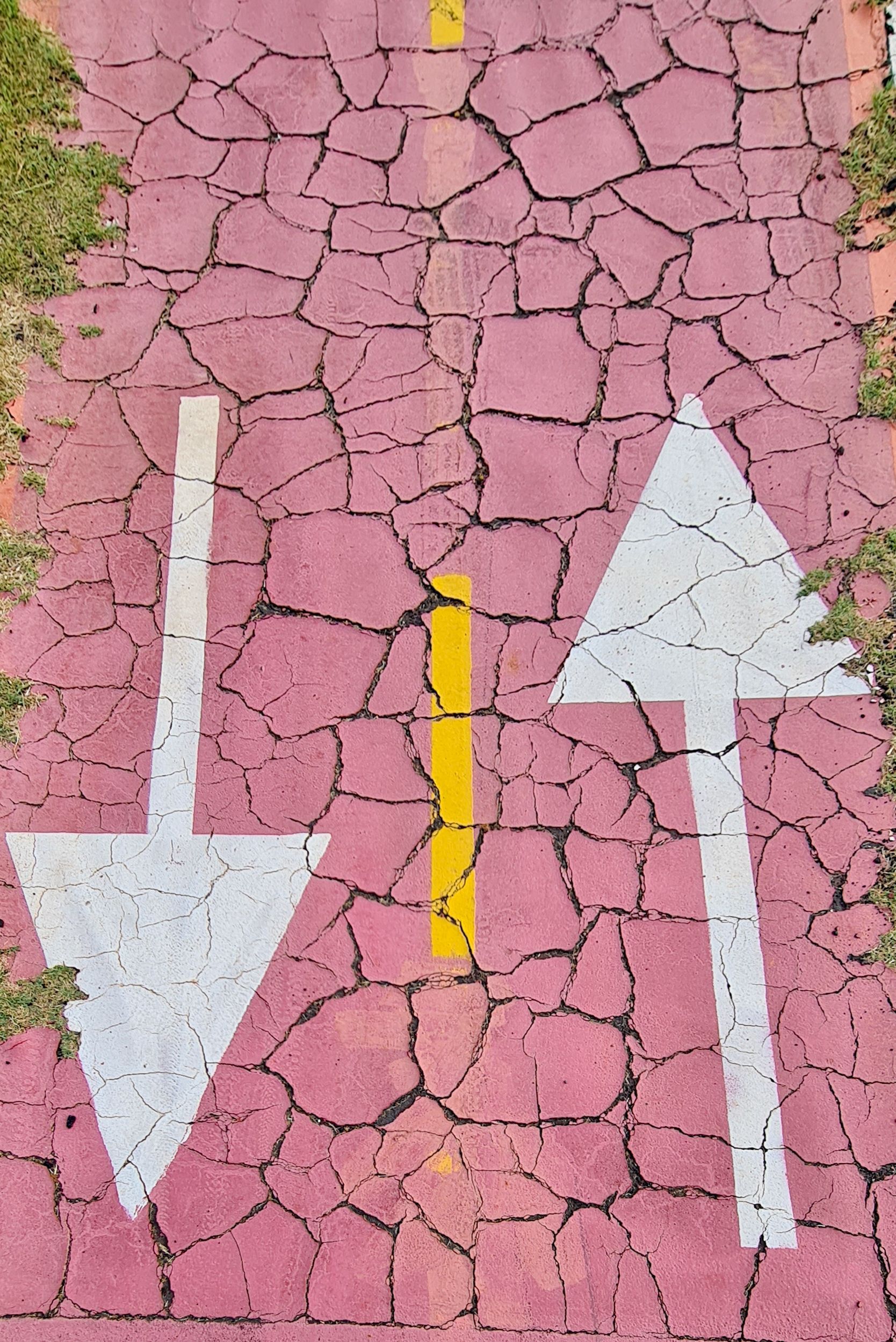 Pink cracked pavement with white directional arrows pointing left and up, and a yellow line in the center