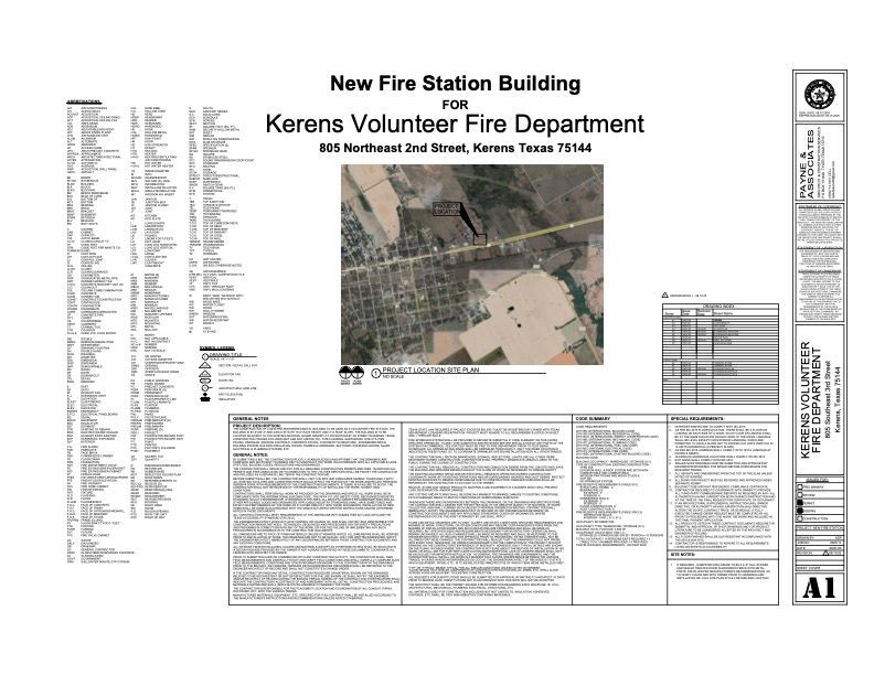 Architectural plan for a new fire station building for Kerens Volunteer Fire Department. Aerial map shows site location.