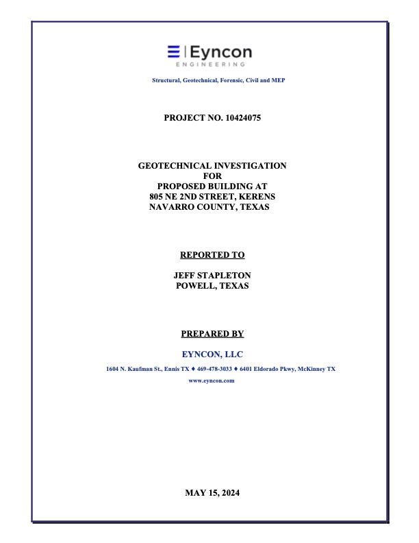 A cover page of a geotechnical investigation report for a proposed building at 405 NE 2nd Street, Navaro County, Texas.