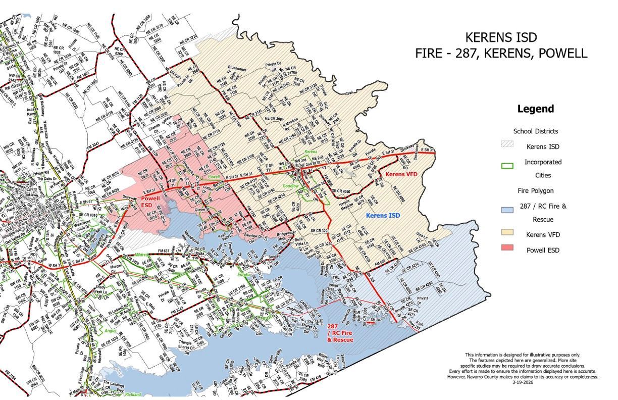 A map showing Kerens ISD school boundaries with color-coded areas for fire districts: 287, Kerens, and Powell.