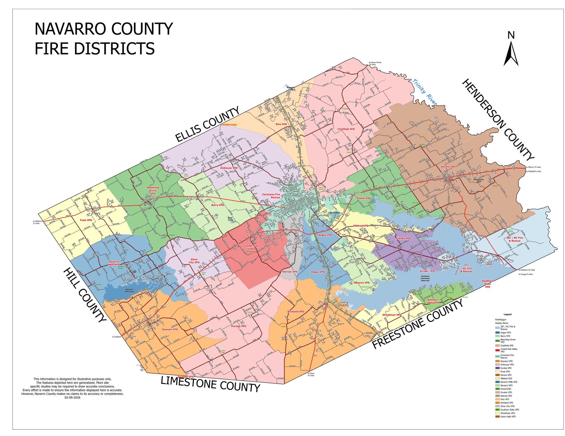 Map of Navarro County, Texas, divided into fire districts, with county borders and major roads.
