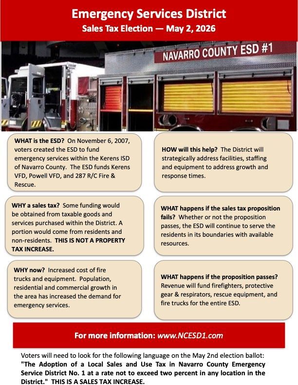 Flyer about Navarro County ESD #1 sales tax election. Includes a fire truck photo and election details.