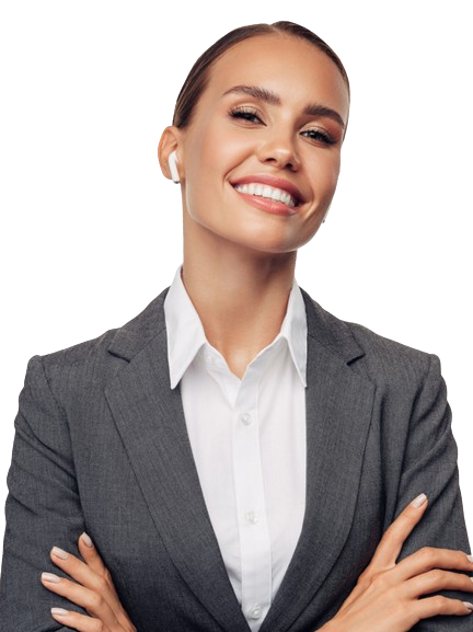 a woman in a suit and white shirt is smiling with her arms crossed - debt collector for small business