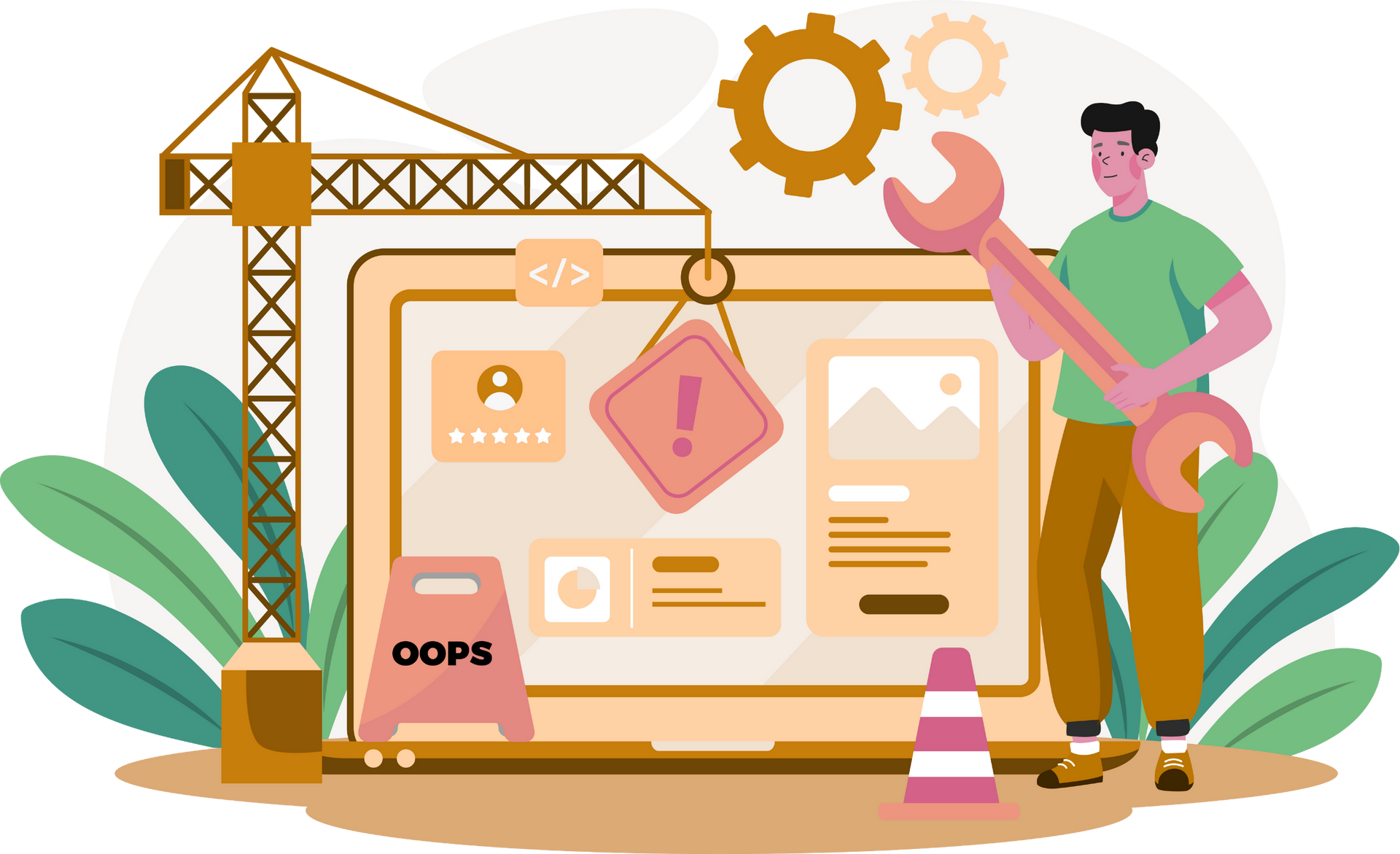 A person holding a wrench stands near a laptop under construction, with a crane and caution signs.