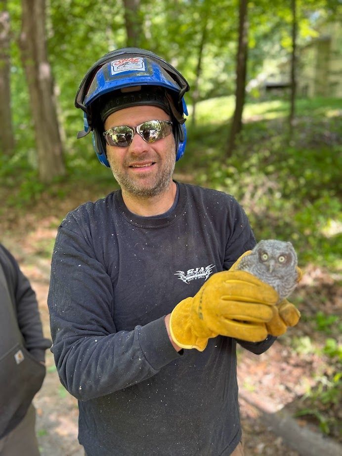 Man in safety gear holding a small owl; he's smiling outside in a wooded area.