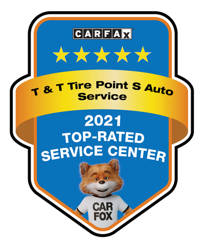 CARFAX Top-Rated Service Center award badge featuring a fox mascot and text for T & T Tire Point S Auto Service. | TNT Tire Point S Auto Service