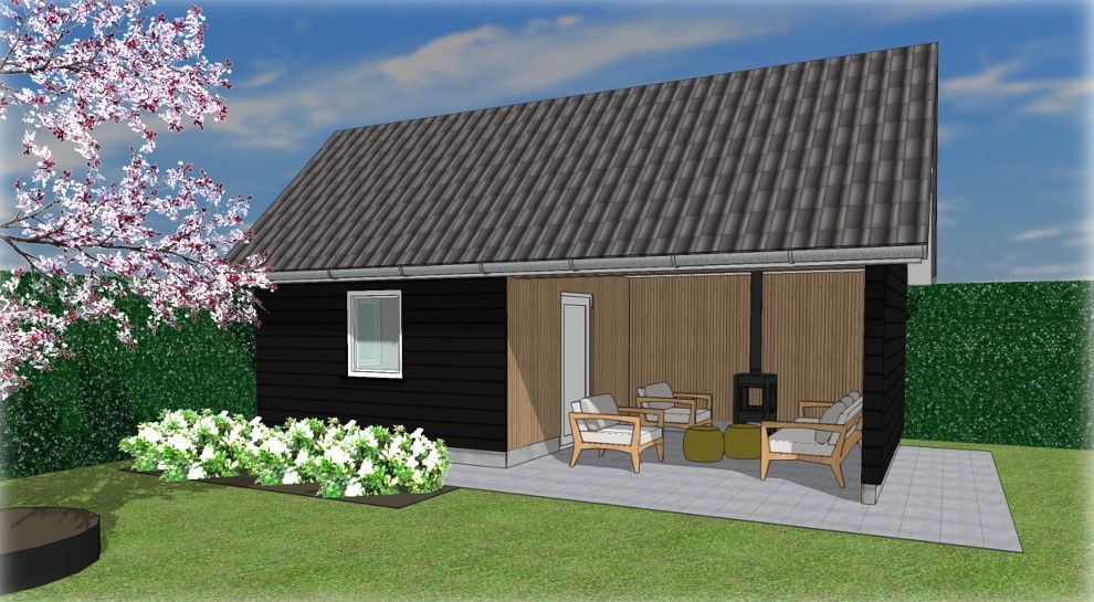 Een 3D-weergave van een zwart-houten tuinhuisje met een overdekte zithoek, een buitenhaard en een terras in een groene tuin.