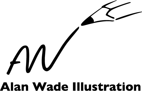 A black and white logo for alan wade illustration with a pencil flying through the air.