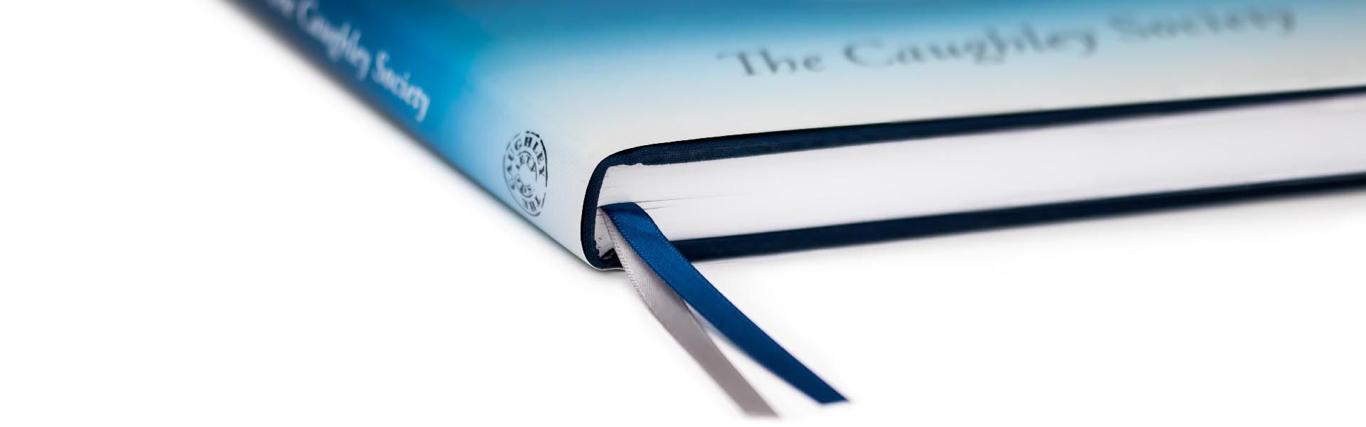 a close up of the double marker ribbons on the caughley blue and white pattern book