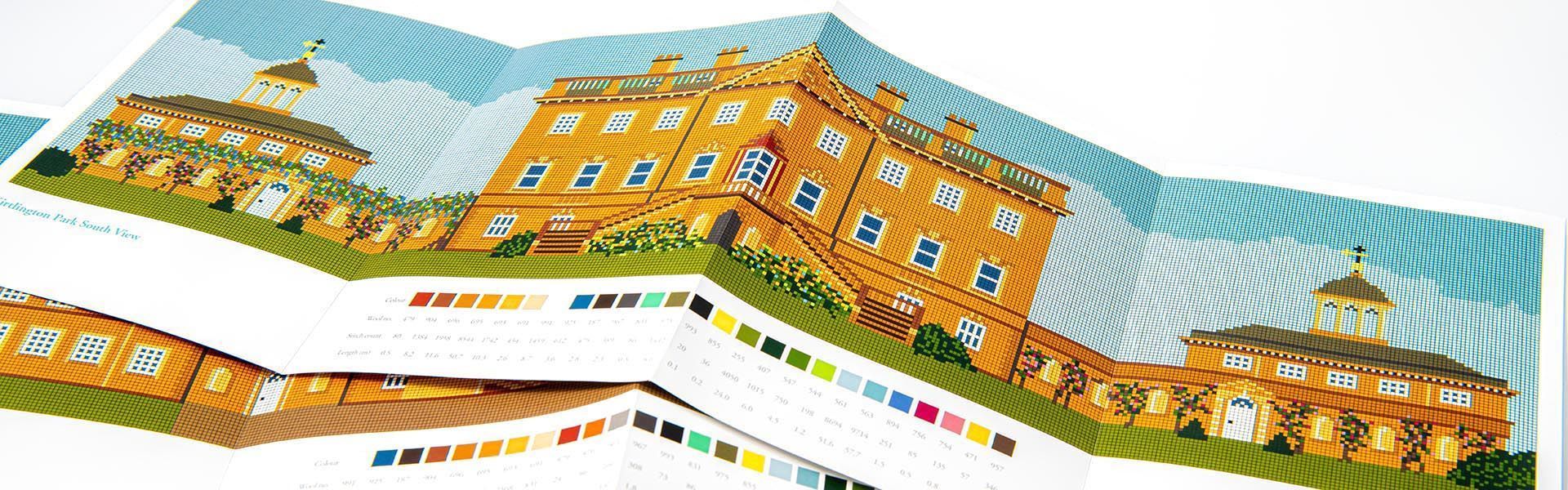 a tapestry sewing chart is open to a page with a picture of kirtlington park house and a color chart