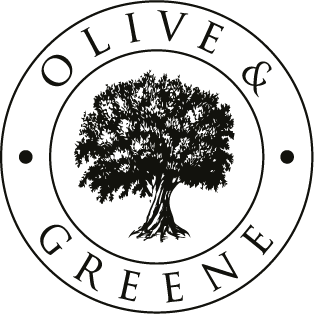 A logo for olive & green with a tree in the center