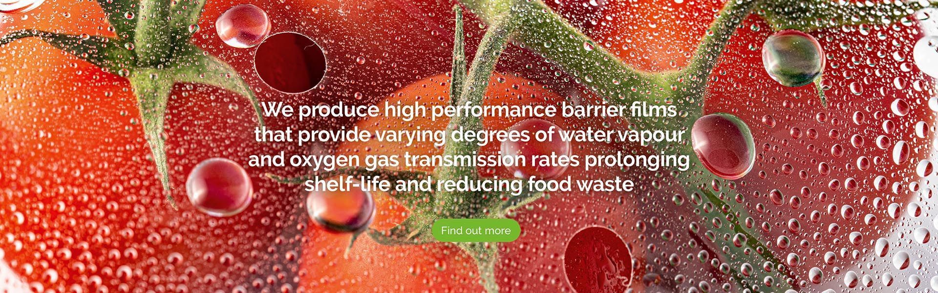 a tomato with water drops on it that says we produce high performance barrier films