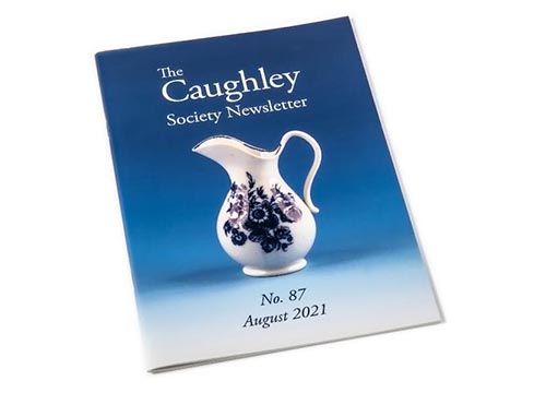 a blue and white pitcher is on the cover of the caughley society newsletter