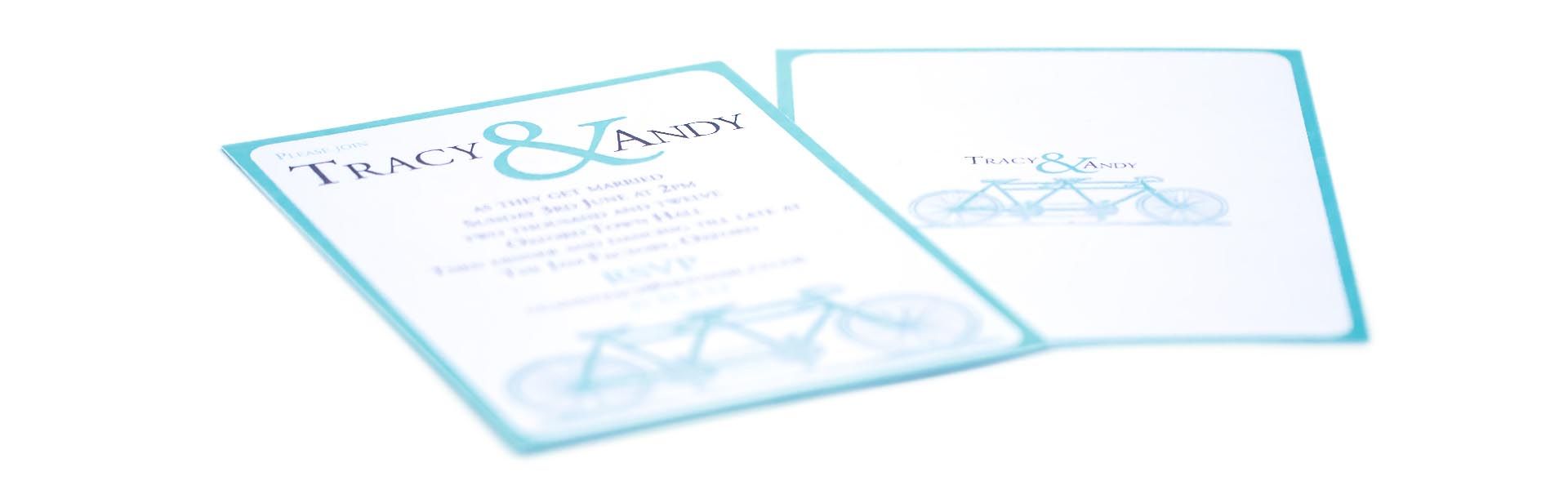 a wedding invitation for tracy and andy with bicycles on it
