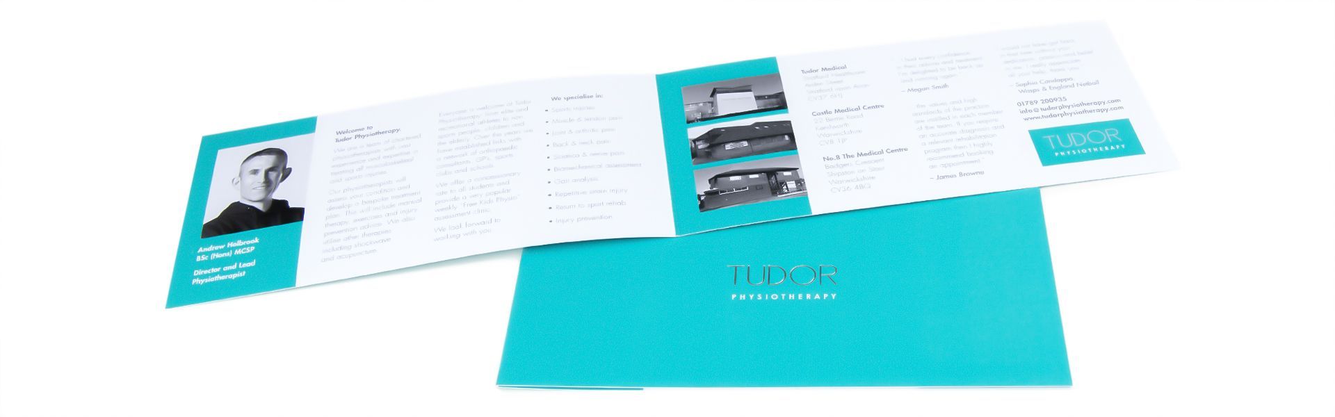 a brochure for tudor physiotherapy with a picture of drew holbrook