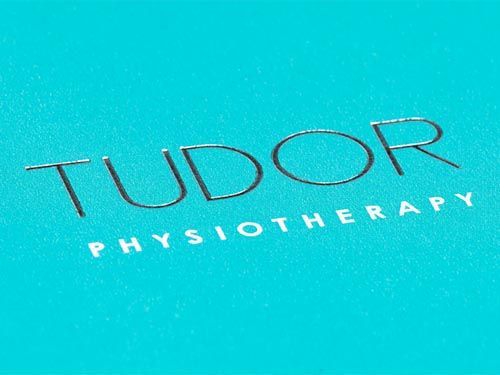 the logo for tudor physiotherapy is on a blue background.