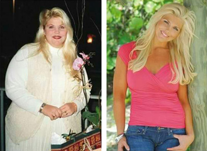 Weight loss transformation: Woman in cream outfit, then pink top, jeans, smiling.
