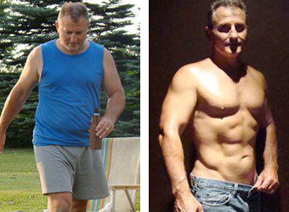 Man before and after weight loss: standing, wearing blue tank top, then shirtless and muscular.