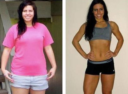 Woman before and after weight loss, wearing pink and athletic clothing, respectively.