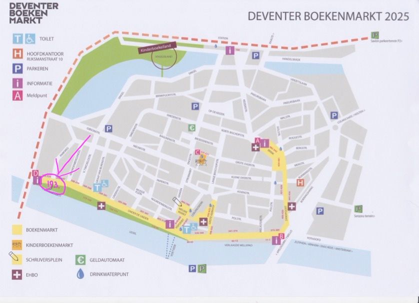 Plattegrond van de binnenstad van Deventer, met een markering van de boekenkraam van De Groeneboekenshop/ Dorine Holman aan de IJsselkade dmv een pijl en het nummer (193).