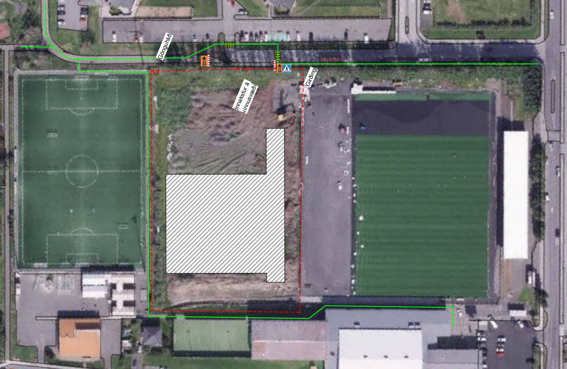 Upplýsingar um tímabundna lokun á göngustígum í kringum KR-svæðið. 