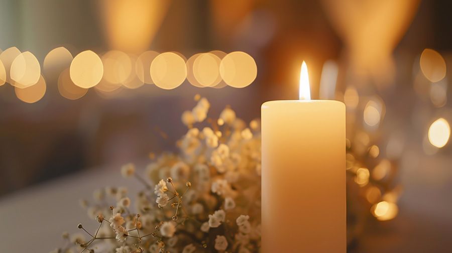 A lit white candle with small white flowers in front; blurred warm lights in the background.