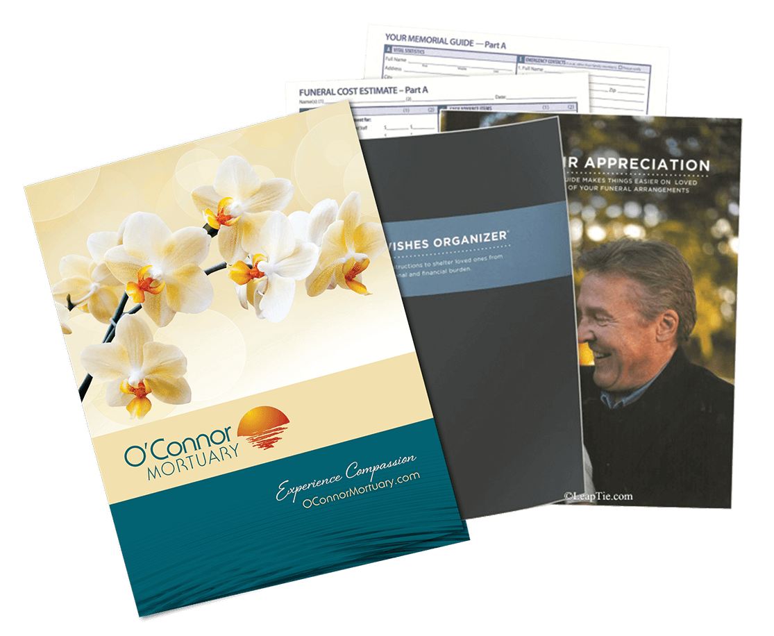 Brochures and documents for O'Connor Mortuary; includes flower photo, black cover, and man's portrait.