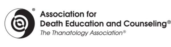 Logo of Association for Death Education and Counseling: black and white yin-yang symbol with text.
