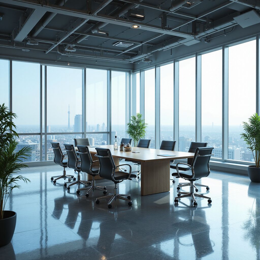 A modern office boardroom with large windows, a long table, chairs, and potted plants overlooking a cityscape.