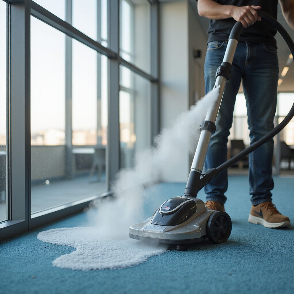 Person steam cleaning blue carpet with a machine near large windows, creating white vapor.