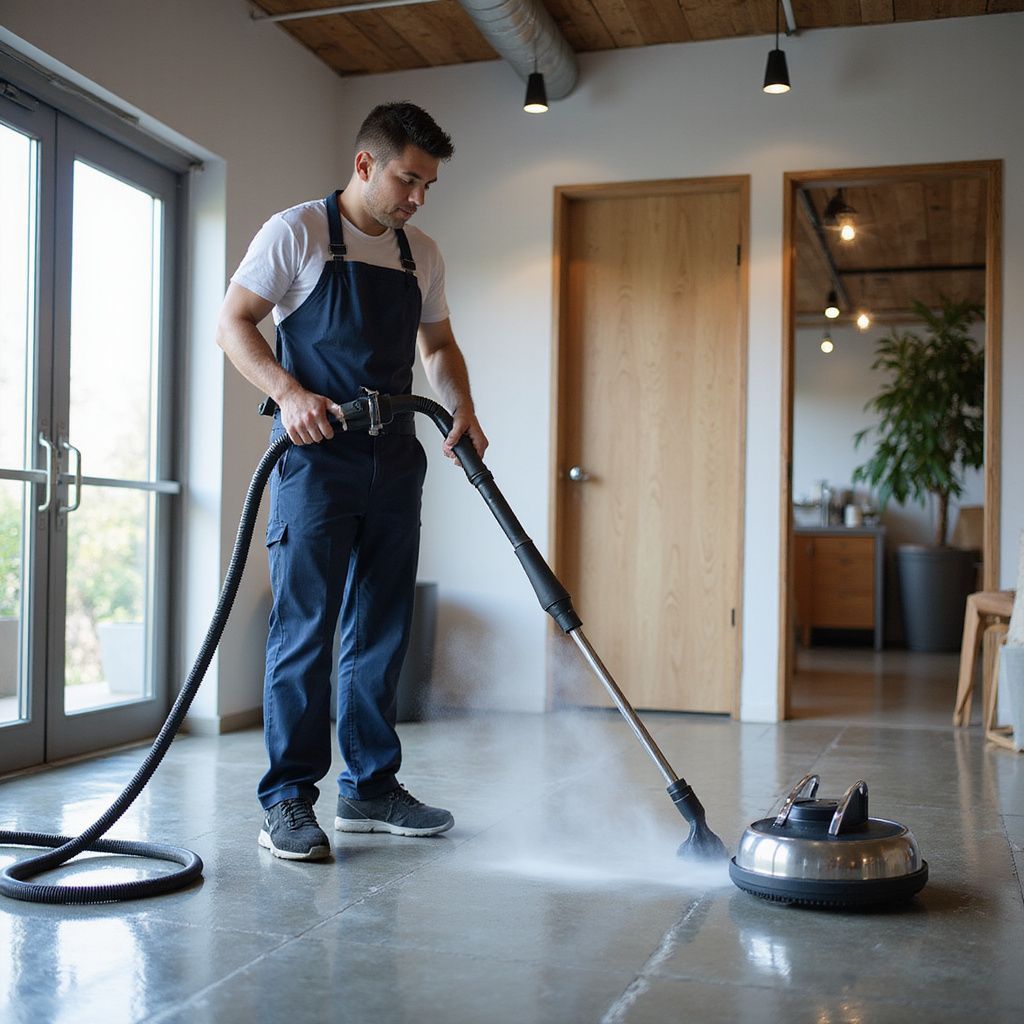 Man power washing a concrete floor in a modern office, wearing a navy apron.