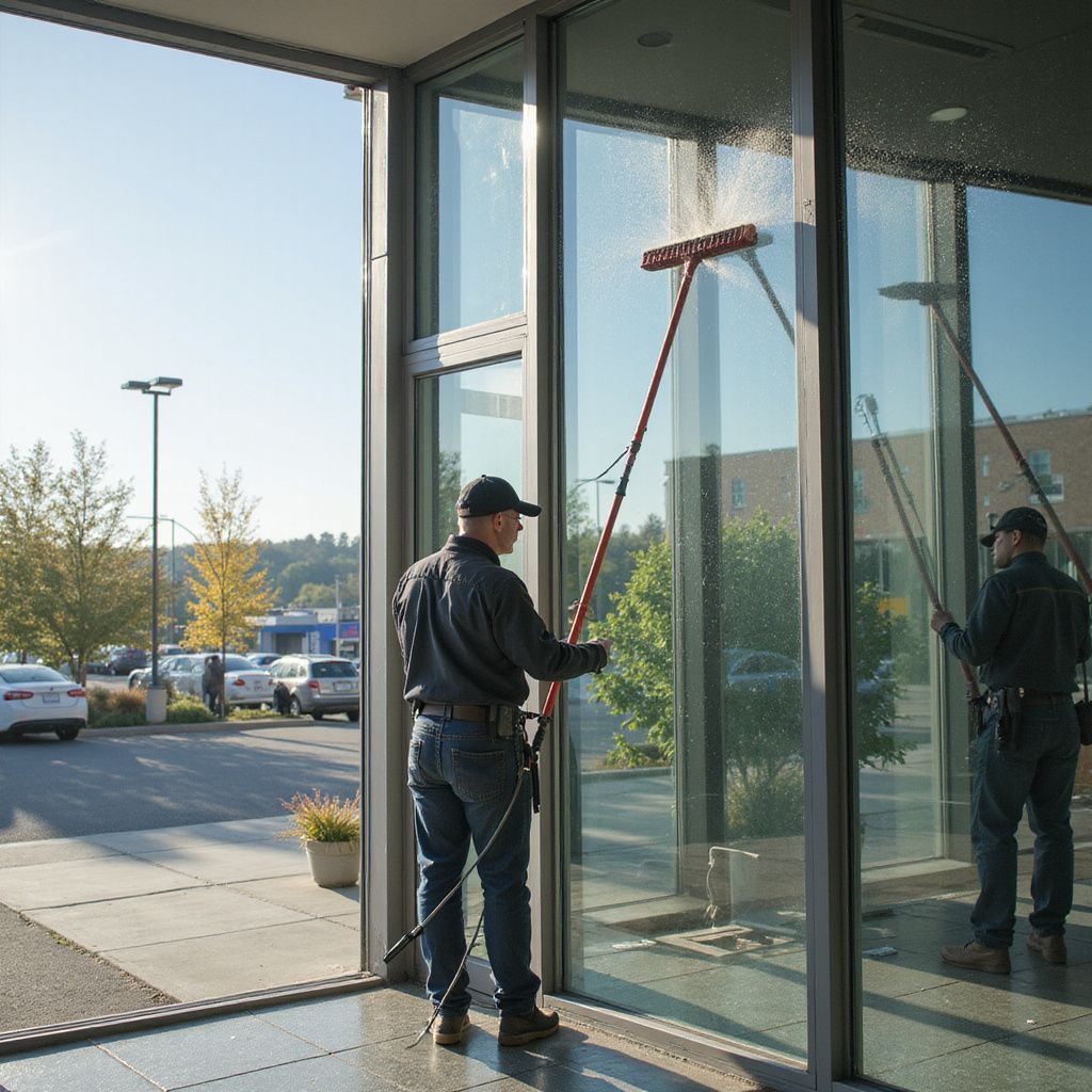 Man cleaning large windows with a long-handled brush, spraying water on the glass in front of an outdoor setting.