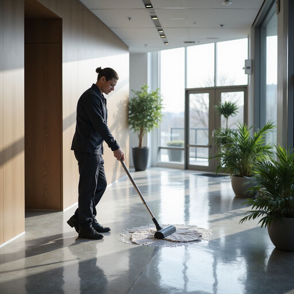 Person mops a wet floor in an office hallway; plants and sunlight visible.
