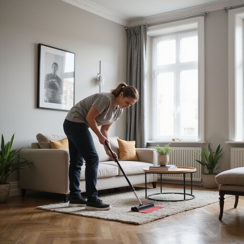 Woman mopping a rug in a living room with couch, plants, and windows.