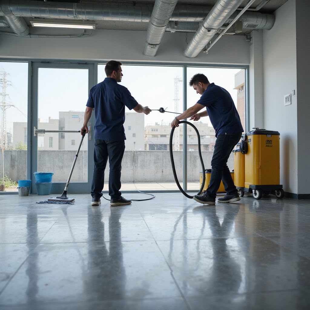 Two people cleaning an empty room with large windows, one with a mop, one with a vacuum hose.
