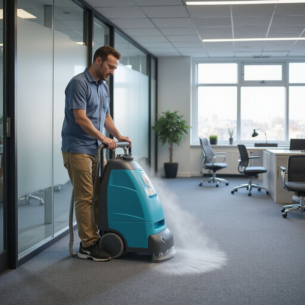 Man operating a blue carpet cleaning machine in an office setting, spraying water onto the carpet.