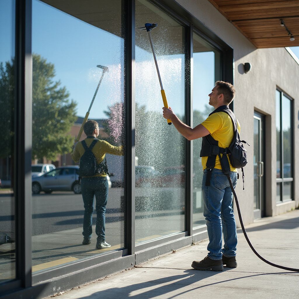 Man washing windows with a long-handled tool outside a building; he wears a yellow shirt and a backpack.