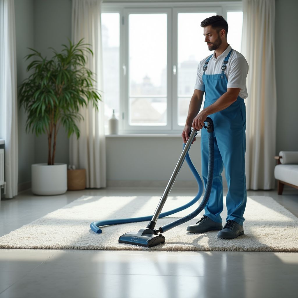 Man in blue overalls vacuums a white rug in a well-lit room with large windows.