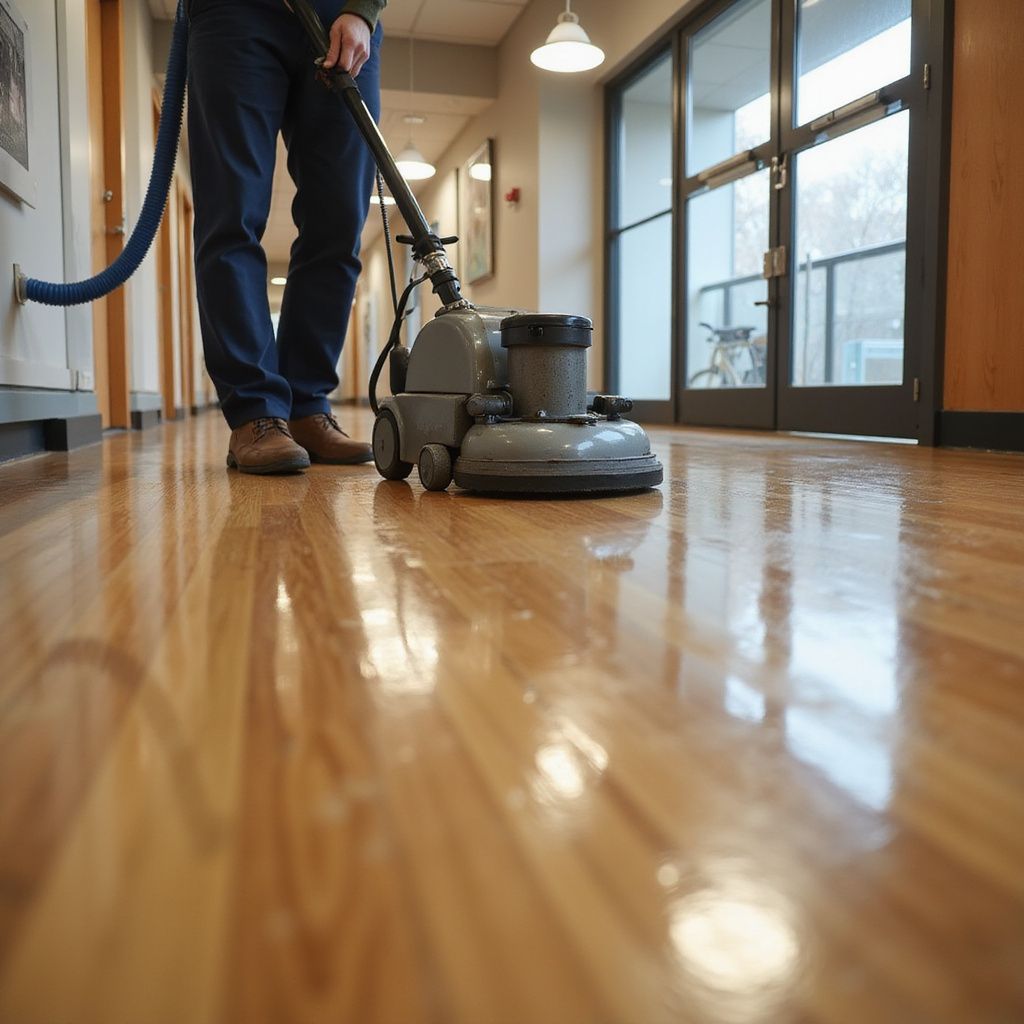 A person polishes a wooden floor with a floor buffer in a hallway.